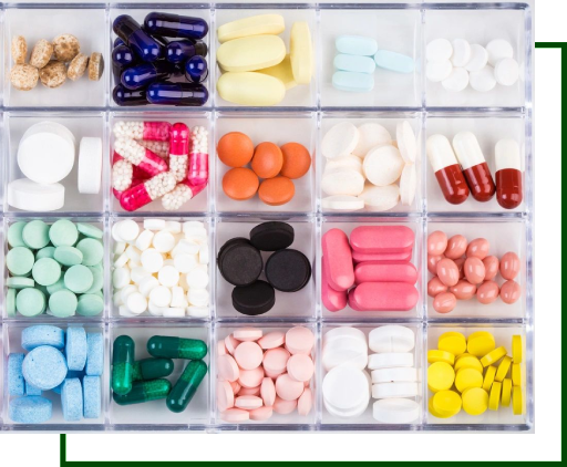 A large assortment of pills and capsules in plastic containers.